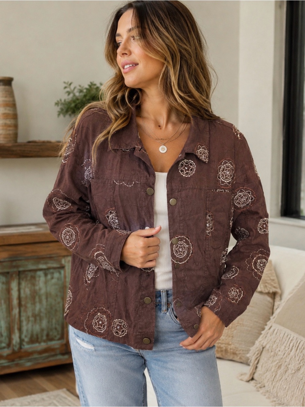 Vintage linen Brown Printed Button-Front Women's Jacket embroidered and sequins